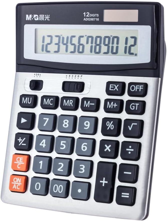 MG Desk Calculator 12 Digit Extra Large LCD Display Calculators, Dual Solar Power and Battery, Battery Included, Metal Panel Comfort Button Calculator for Office Home - Image 1